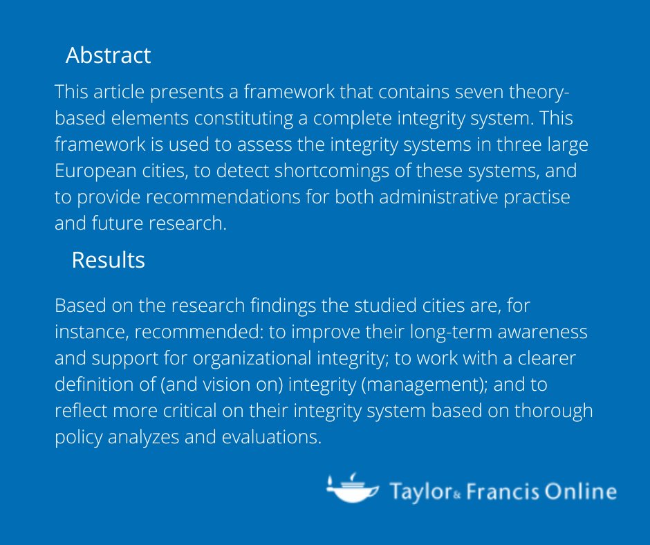 PUB_INTEGRITY's tweet photo. 💥Open Access Article💥
Content and Design of #IntegritySystems: Evaluating Integrity Systems in #LocalGovernment
https://t.co/Vz5wvBkHwl
@tandfonline @ICMA @IUCivicLeaders @APPAM_DC @nytimes @CNN @washingtonpost @GMA @TODAYshow @TheDailyShow https://t.co/DTCVQHd2Zh