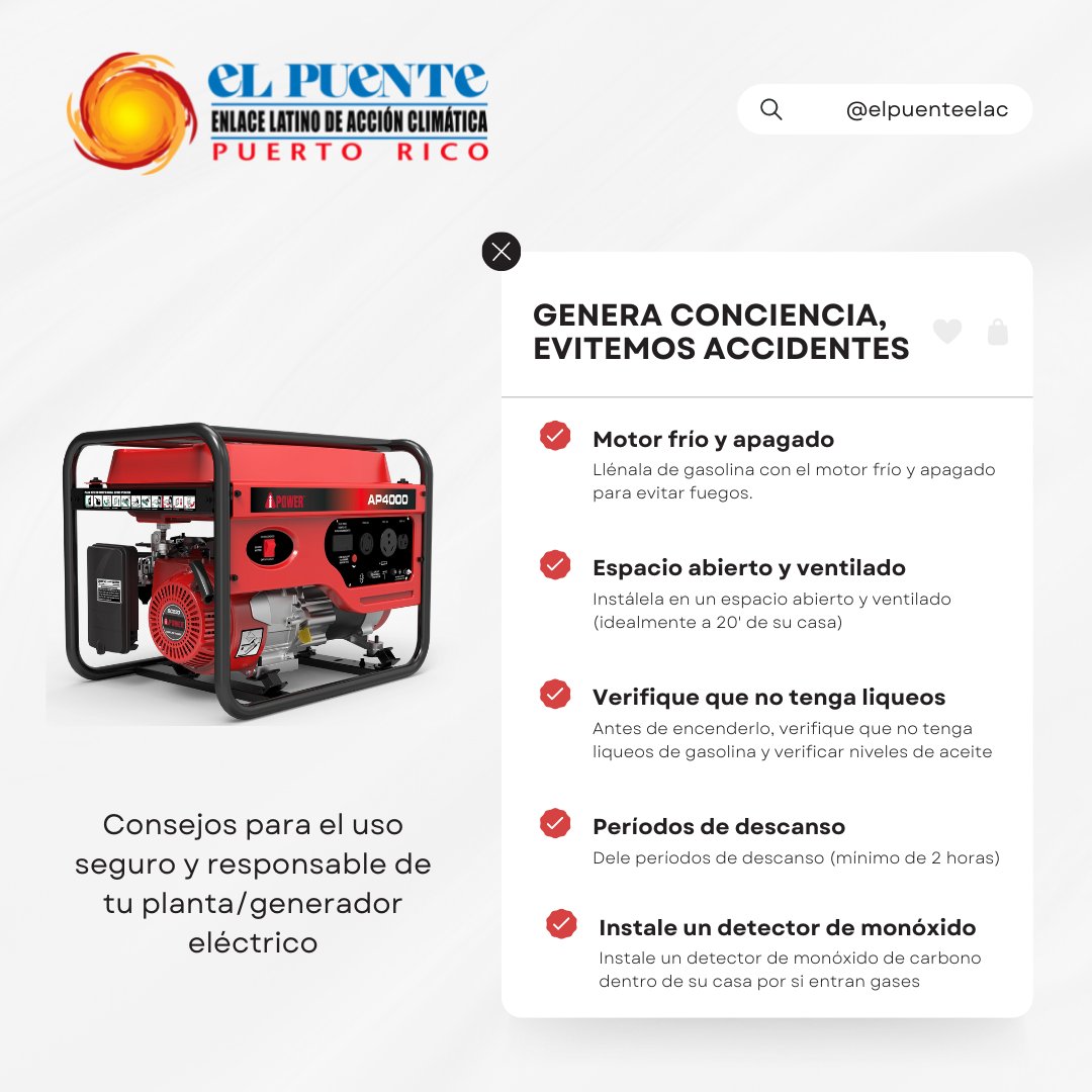 ElPuenteElac's tweet photo. 𝐆𝐄𝐍𝐄𝐑𝐀 𝐂𝐎𝐍𝐂𝐈𝐄𝐍𝐂𝐈𝐀 - Recordemos que las plantas eléctricas generan emisiones y otros contaminantes que afectan nuestra salud y el medioambiente. Aquí compartimos algunos consejos para su uso seguro y responsable 👇 #ElPuentePR #GeneraConciencia #HuracánFiona https://t.co/5LqbEVUW5N