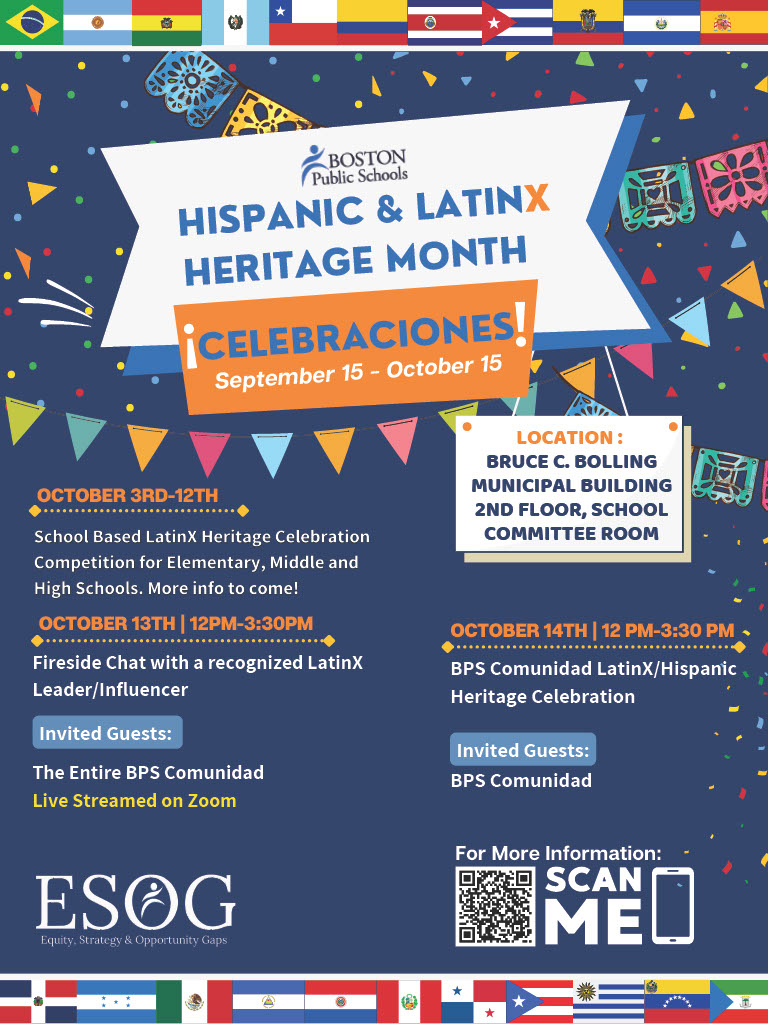 BostonSchools's tweet photo. BPS invites you to help us in celebrating Hispanic &amp; Latinx Heritage Month all month long with great events put on by @BPS_OMME at the Bruce C. Bolling Municipal Building. We look forward to seeing you there! More information: https://t.co/c7prJPMrhX #HispanicLatinxHeritageMonth https://t.co/WIJzZqhfXb