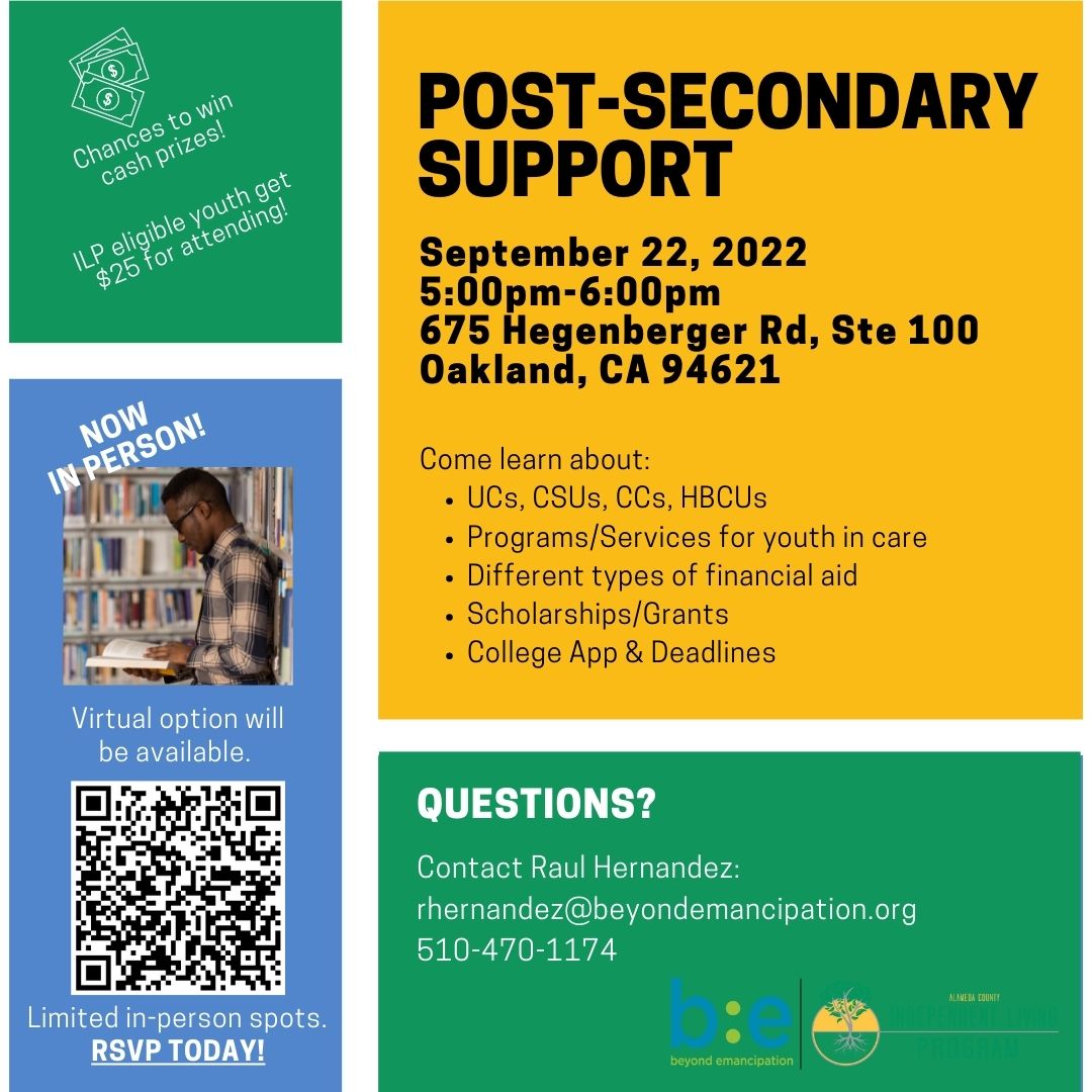 beyondemanciptn's tweet photo. Join the Post-Secondary Support Workshop today to learn about UCs, CSUs, CCs, HBCUs, different types of financial aid, scholarships/grants, and more. 
#be4youth #acilp #postsecondary #education https://t.co/hUrjy7SURb