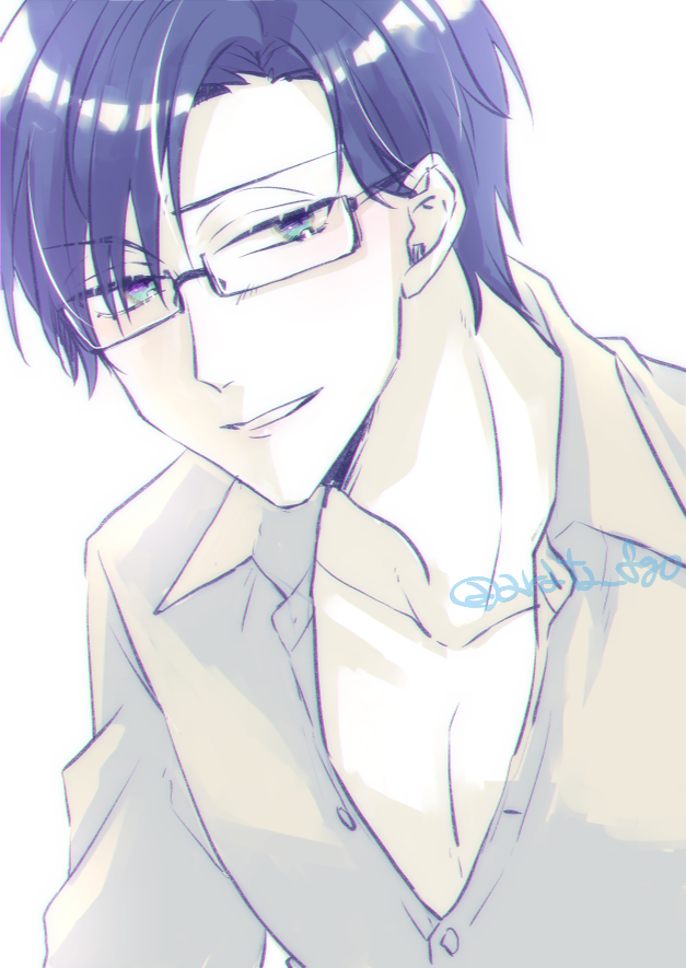1boy male focus glasses solo shirt white background smile  illustration images