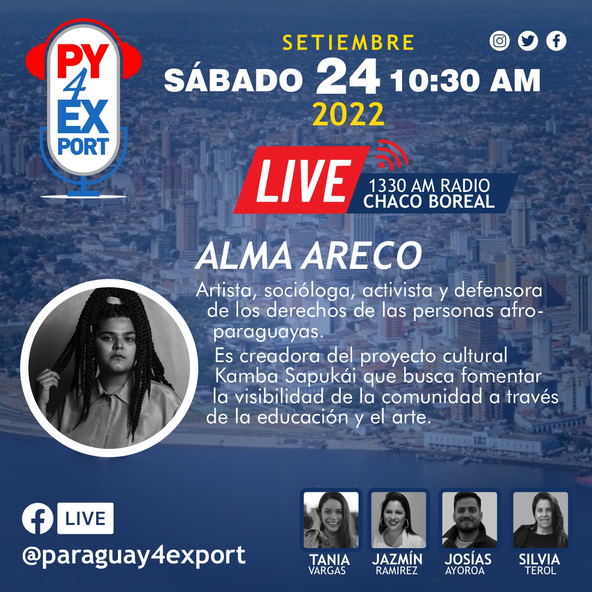 paraguay4export's tweet photo. ¡Este sábado 24 de Setiembre en  #Paraguay4Export! 🇵🇾 Tendremos la visita de Alma Areco. 🤩🙌  

Acompañanos desde las 10:30 horas por Facebook Live https://t.co/zsc4ZCBZf8 y @1330am https://t.co/QY3Fe1b4TE