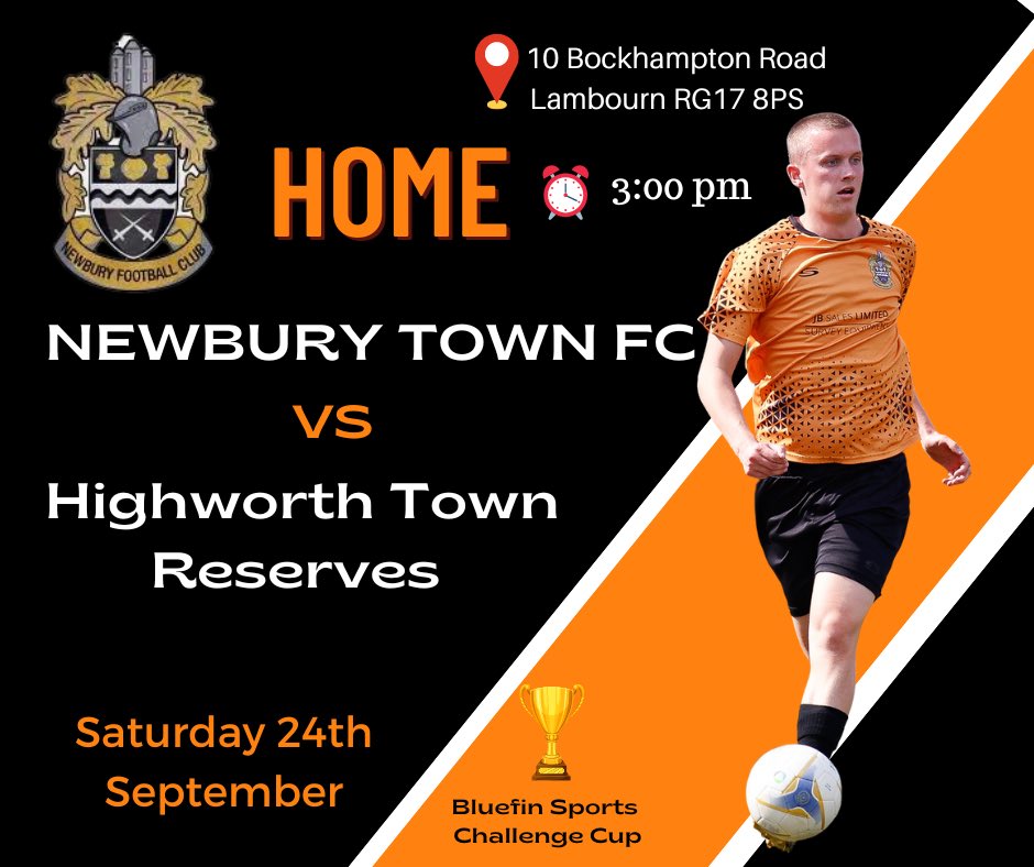 ⏰ 3pm kick off
📍 Lambourn sports club 
🆚 <a href="/HRessies/">HighworthTownRessies</a> in the Bluefin Sports Challenge Cup.
Bar open from 12. See you there 🟠⚫️