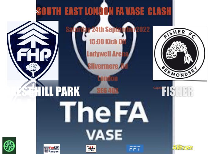 ⚽️🌳CUP ACTION!🌳⚽️ This Saturday we host fellow <a href="/SCEFLeague/">Presence & Co. SCEFL League</a> Fisher FC in the <a href="/FAVaseHQ/">FA Vase HQ</a> .. South east London &amp; proud! Support most welcome..<a href="/WeAreLewisham/">WeAreLewisham</a> 
📆Sat 24 Sep
🕒15:00 ko
🆚<a href="/FisherFC/">Fisher FC</a> 
📌Ladywell Arena SE6 4QX
🌭🍺Refreshments 
#Nonleague #Foresthill #Catford #Lewisham