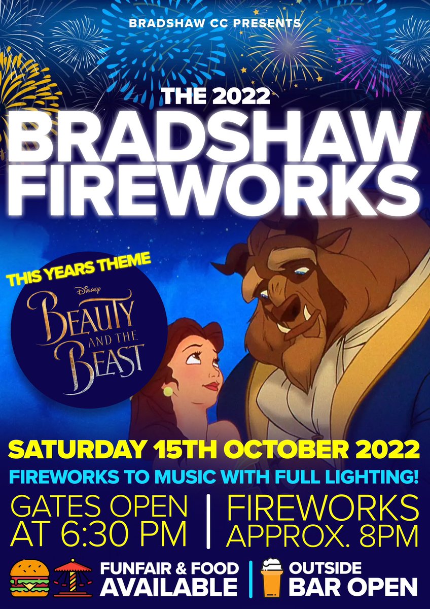 BradshawCricket's tweet photo. ITS BACK! 🎆🎇🎆🎇🎆

The 2022 Bradshaw Fireworks are here and we’ve got a treat for you!

On Saturday 15th October we will be going back to an old favourite!

This years theme will be BEAUTY &amp; THE BEAST!

Ticket are only available on the day!

DON’T MISS IT! https://t.co/dxYQvlZm92