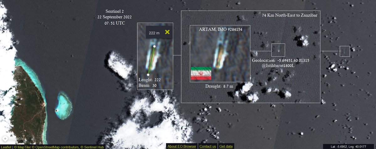 Istihbarat1800L's tweet photo. ARTAM /#IMO9284154.
Spotted today on Sentinel 2, dated 22 Sep' 2022, 07:51 UTC on the way to Zanzibar, 74 Km North-East to Zanzibar.
Geolocation:-5.69451,40.01315
Never got #ARTAM & #ARTABAZ at Mombasa port due to clouds and updated sat. image, at least that.
#maritime https://t.co/HbmWsJP6Uu