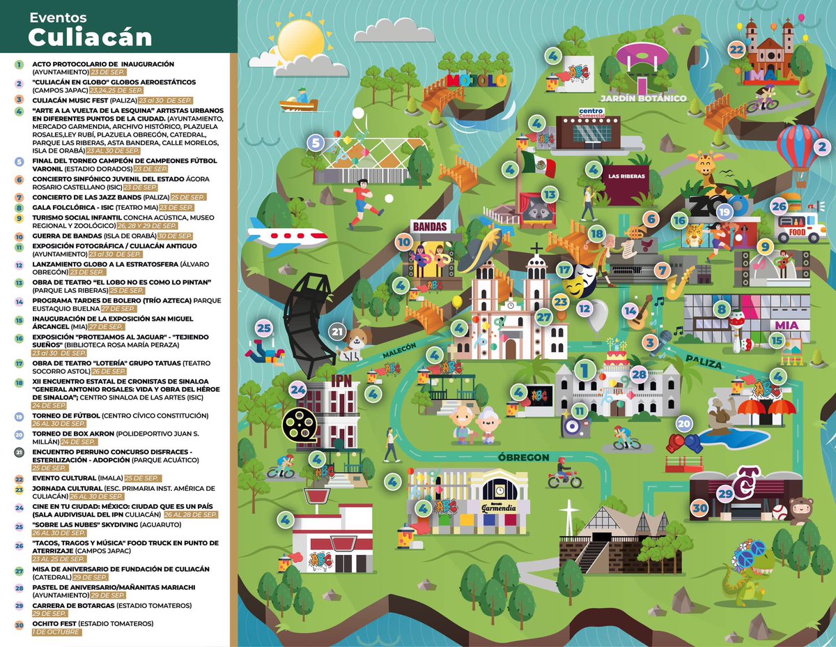 ¡Culiacán está de fiesta!  
Te compartimos el mapa de las actividades artísticas, recreativas y todas las amenidades del festejo de la ciudad. 
Más de 350 eventos para todos los culiacanenses. 
¡Vive la fiesta y celebra a Culiacán!  
#VisitSinaloa
sinaloa.travel