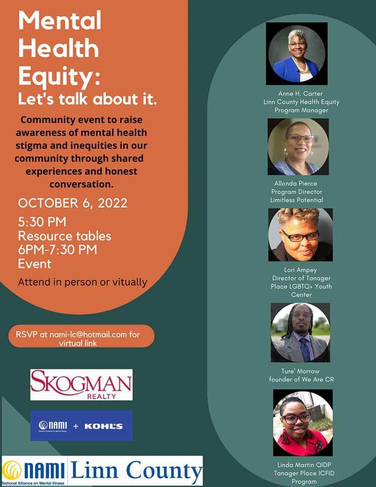 On October 6th, Tanager's Lori Ampey and Linda Martin will serve on the panel for NAMI Linn County's Mental Health Equity Forum. The public is invited to attend in person at the Cedar Rapids Public Library or virtually. To learn more, visit ow.ly/RHUu50KQLxe
