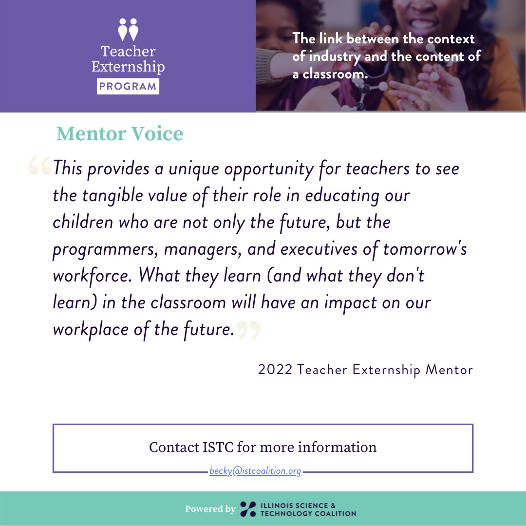 ISTCoalition (@istcoalition) on Twitter photo Hear from one of our mentors on their insight into the value of our <a href="/ISTCeducation/">ISTC - Education</a> teacher externship program.
We are now accepting Teacher Externship partners for summer 2023. For more information, contact Rebecca Goldberg at becky@istcoalition.org Hear from one of our mentors on their insight into the value of our <a href="/ISTCeducation/">ISTC - Education</a> teacher externship program.
We are now accepting Teacher Externship partners for summer 2023. For more information, contact Rebecca Goldberg at becky@istcoalition.org