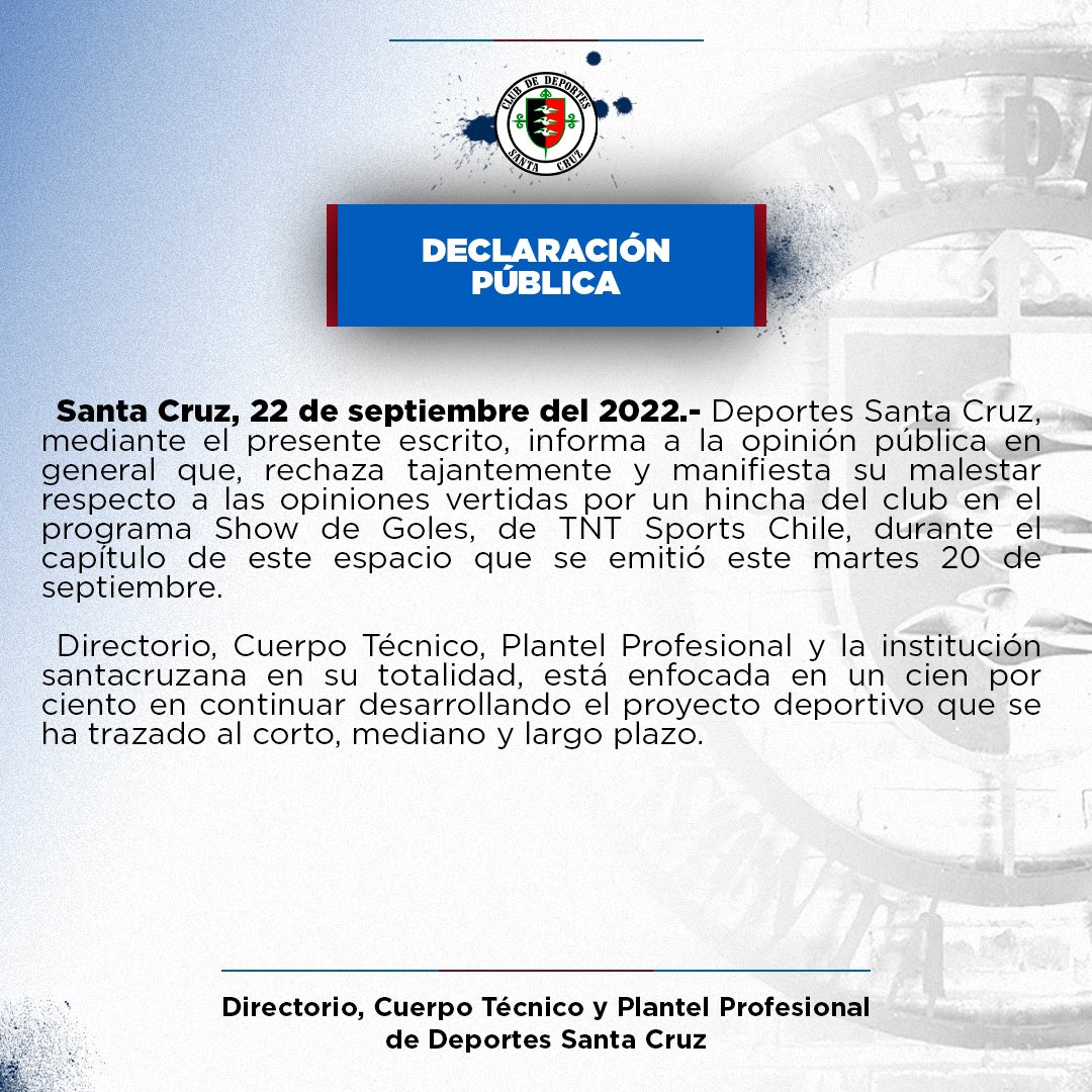 DeporSantaCruz's tweet photo. 📄🖋 Declaración Pública firmada por nuestro Directorio, Cuerpo Técnico y Plantel Profesional de Deportes Santa Cruz. https://t.co/hHtVBJSqPA
