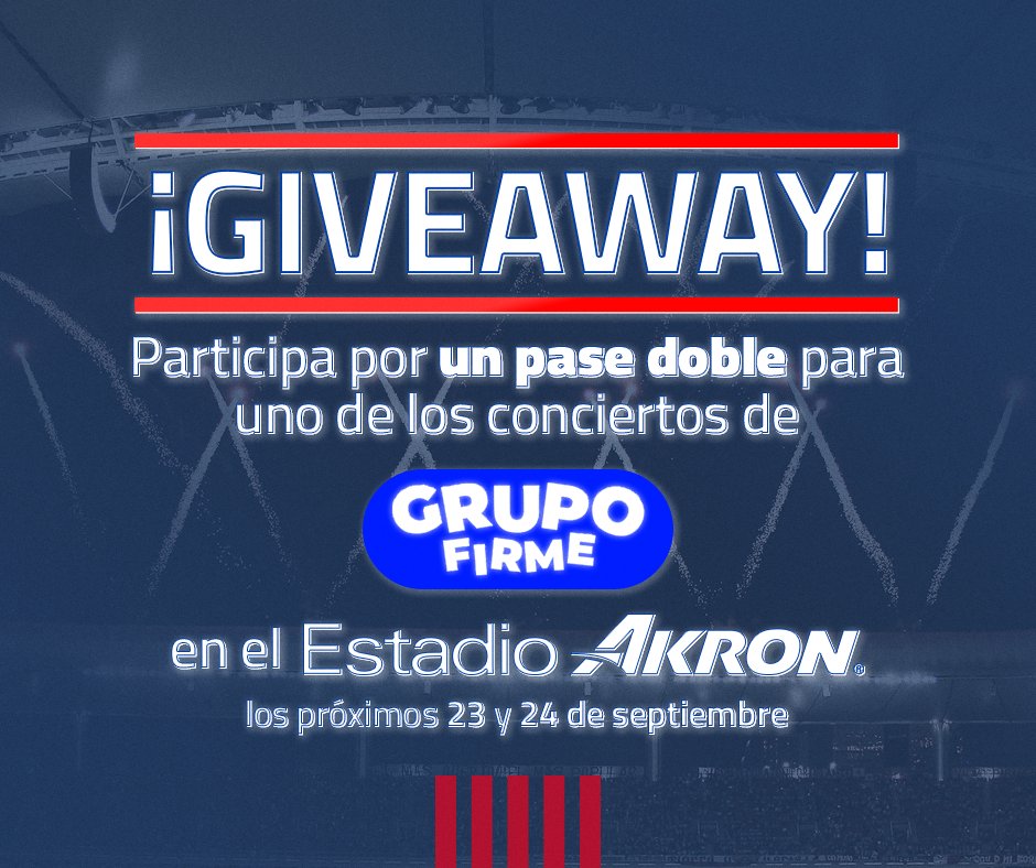 EstadioAKRON's tweet photo. 🚨 ¡GIVEAWAY! 🚨

¡Gana un pase doble para ver a Grupo Firme en el Estadio AKRON!

*️⃣ Dale RT y ❤️ 
*️⃣ Comenta este tweet con el @ de quién te acompañaría al concierto. 🙌
*️⃣ Incluye en tu comentario el HT #GrupoFirmeEnElAKRON. 💃🕺

#GrupoFirmeEnElAKRON https://t.co/f3Pn7zWURl