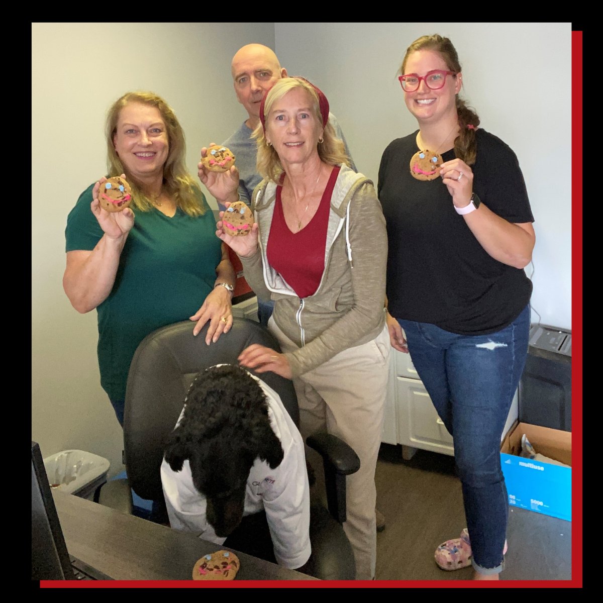 We are proud to support <a href="/RedRoofRetreat/">Red Roof Retreat</a> in our local community through the Tim Hortons Smile Cookies! 😊 We must say though... it's been tough to keep our newest employee away from all the office snacks, including these #smilecookies! 🐶