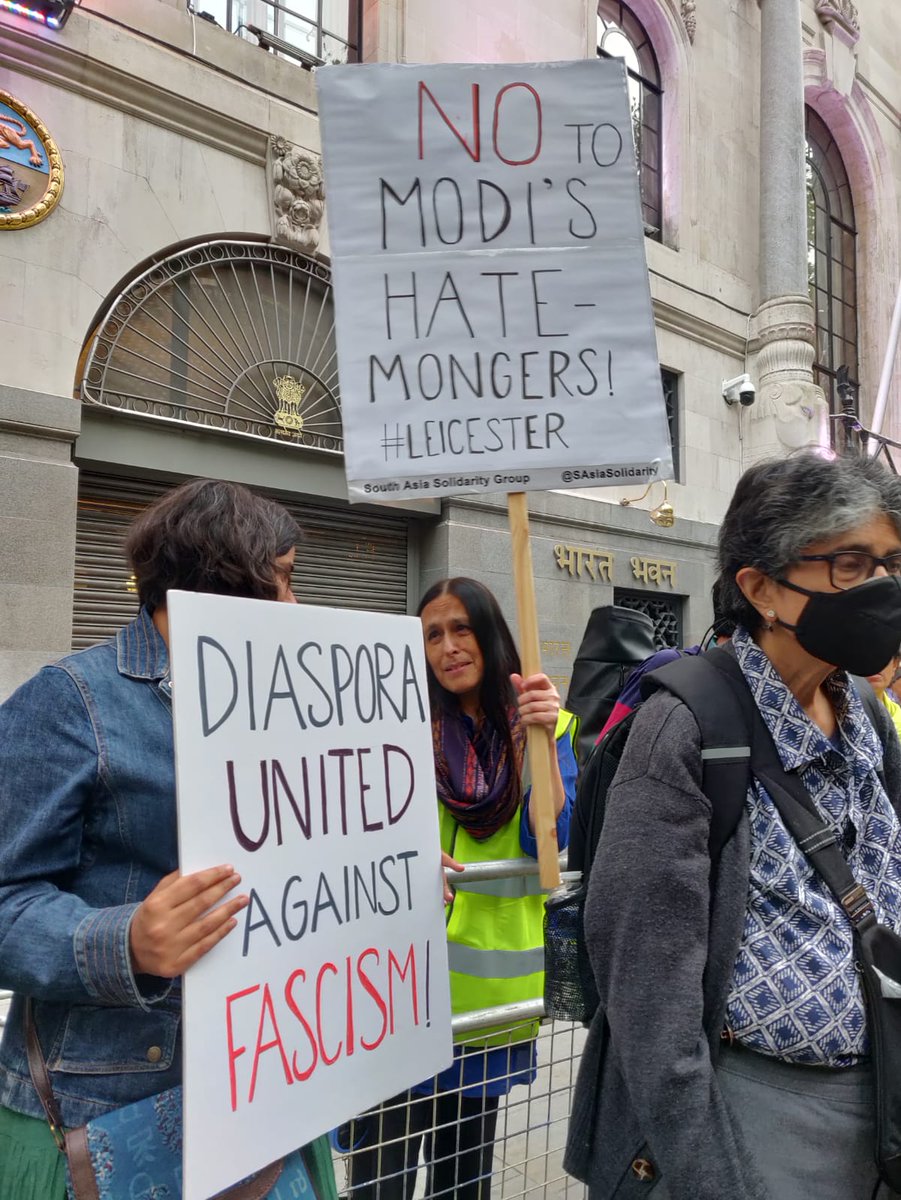 SAsiaSolidarity's tweet photo. At the Peace and Unity protest outside the Indian High Commission, London: "#Modi's fascists off our streets! We are united, we want Peace!" #Leicester https://t.co/fOS9OCCXxb