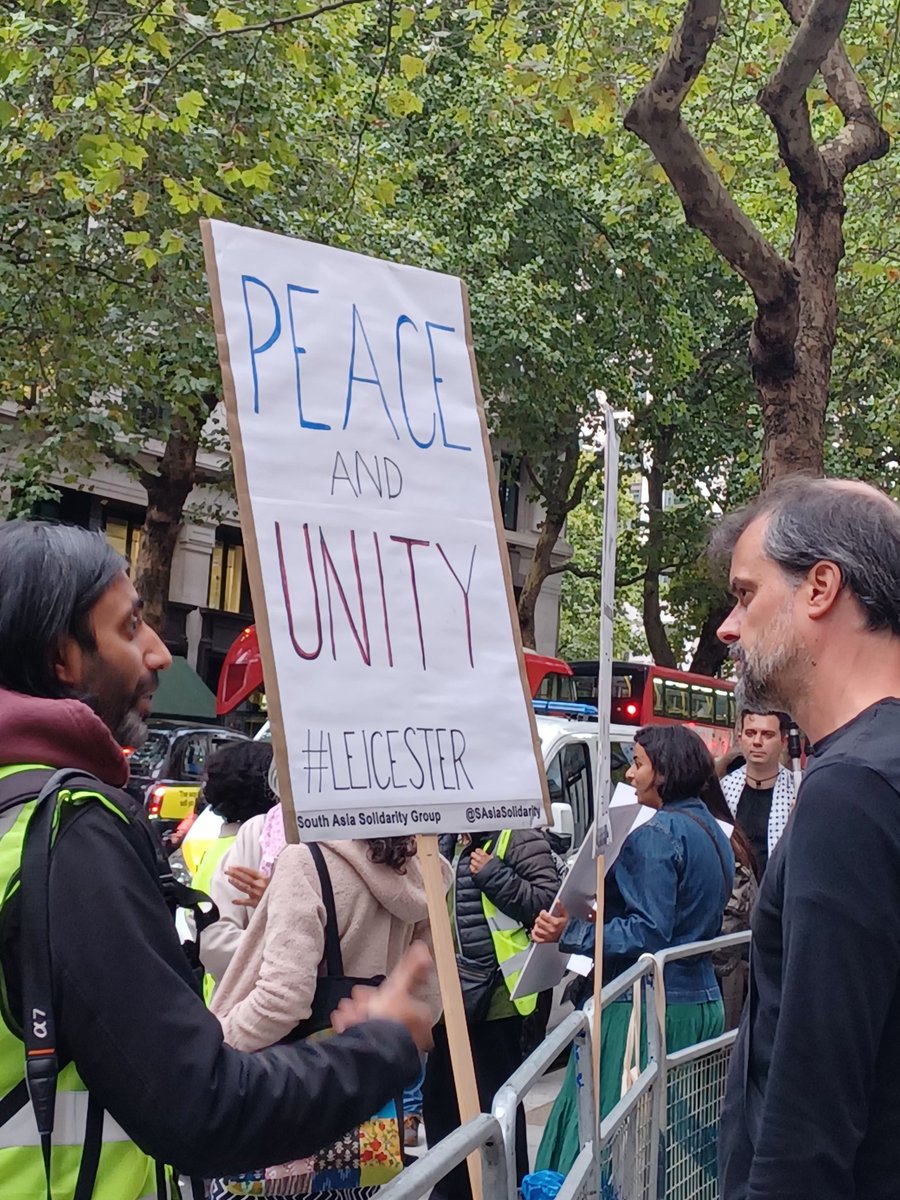 SAsiaSolidarity's tweet photo. At the Peace and Unity protest outside the Indian High Commission, London: "#Modi's fascists off our streets! We are united, we want Peace!" #Leicester https://t.co/fOS9OCCXxb