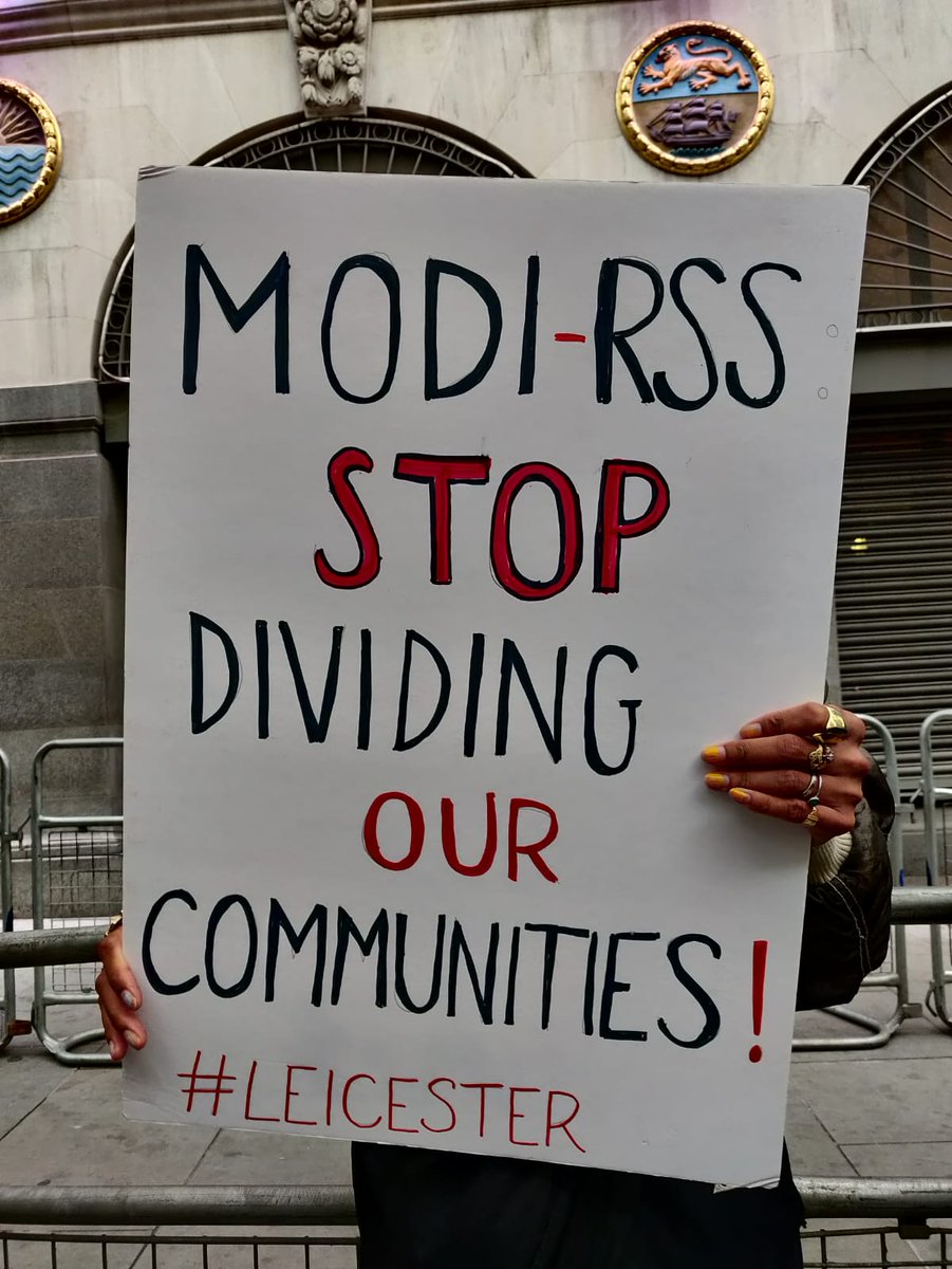 SAsiaSolidarity's tweet photo. At the Peace and Unity protest outside the Indian High Commission, London: "#Modi's fascists off our streets! We are united, we want Peace!" #Leicester https://t.co/fOS9OCCXxb