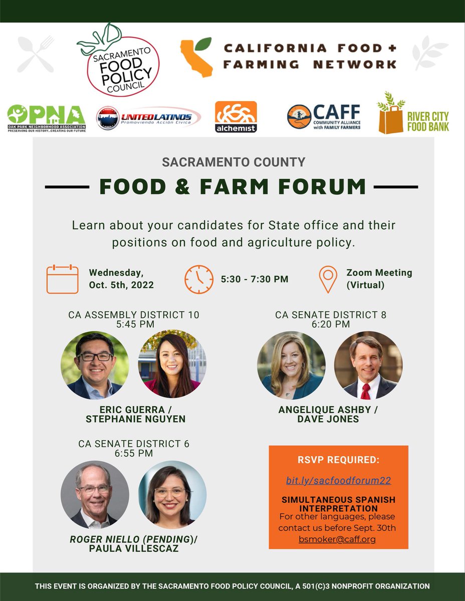 SacFoodPolicy's tweet photo. JOIN US at the Sacramento virtual Food and Farm Candidate Forum! Ask questions and hear directly from state candidates on how they will advocate for food justice and sustainable agriculture if elected. RSVP here:
https://t.co/PBfY7HUQIz https://t.co/DIoZDmBBXu