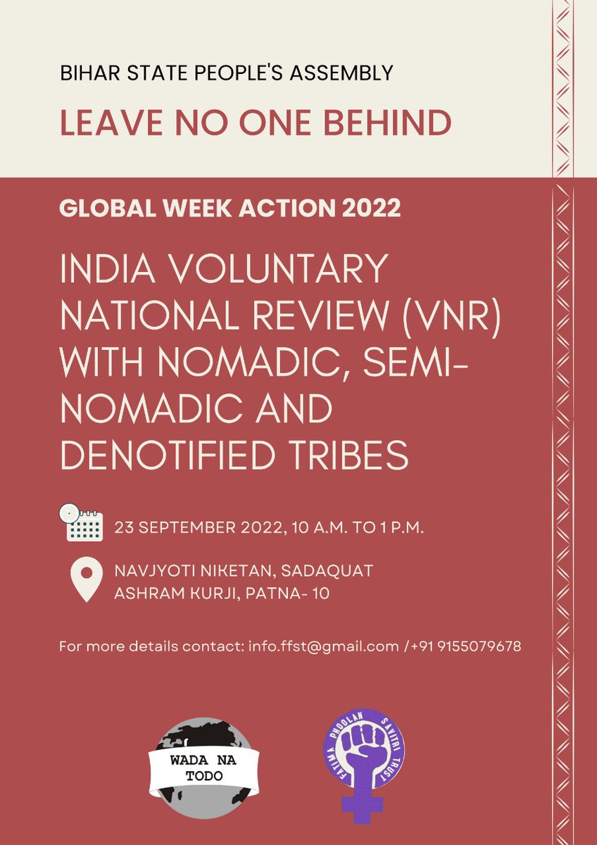 Bihar State People's Assembly
Leave No one Behind
India voluntary National Review (VNR) 2022 with nomadic, semi-nomadic and Denotified Tribes
Global week action 2022
By Fatima phoolan savitri trust
