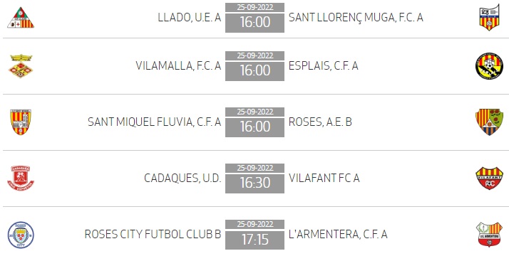 Jornada 1 - #4Cat G.30
Diumenge 25 de setembre

16h - <a href="/uellado/">Unió Esportiva Lladó</a> - St. Llorenç Muga
 
16h - <a href="/FVilamalla/">FC Vilamalla</a> - <a href="/esplaiscf/">Esplais C.F.</a> 

16h - <a href="/ClubFluvia/">C.F. Sant Miquel de Fluvia</a> - <a href="/ae_roses/">AE ROSES</a> B
 
16:30h - <a href="/uecadaques/">Unió Eptva Cadaqués</a> - Vilafant

17:15h - <a href="/RosesCityFC1/">Roses City F.C.</a> B - <a href="/CF_ARMENTERA/">C.F.L'ARMENTERA</a> 
 
#SuportalesportGironi #Futbolcat #Futcat