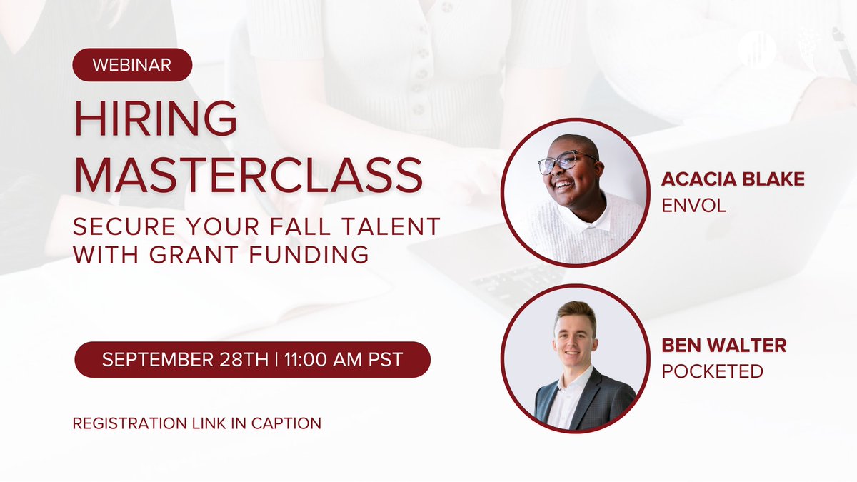 Our hiring masterclass with @hellopocketed is less than a week away (already 🤯)! 
 
We can’t wait to see you there! Register here: lnkd.in/eemGqqiT
 
#Webinar #VirtualSession #FreeWebinar #Grants #Funding #CanadaGrants #HiringMasterclass #Hiring