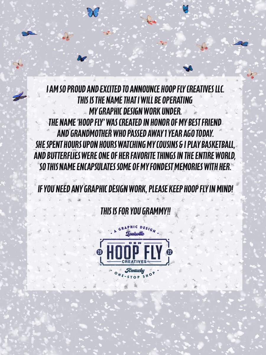alyxwhite_'s tweet photo. So excited to announce the name I’ll be doing my graphic design work under: Hoop Fly Creatives LLC🏀🦋

Prices for the upcoming basketball season below. Have team/individual package deals coming too. DM if interested!!📥 

Portfolio link in bio🔗

PLEASE SHARE IF POSSIBLE😊 https://t.co/n4uvJdmjrQ