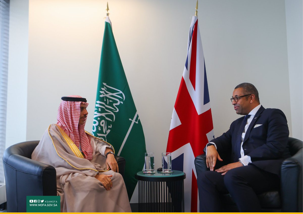 #NewYork | Foreign Minister H.H Prince @FaisalbinFarhan met with #UK Foreign Secretary @JamesCleverly, on the sidelines of the 77th Session of the #UNGA