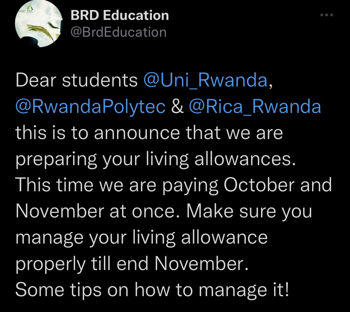 @BrdEducation « This time we are paying October and November living allowance at once. » Dear students @Uni_Rwanda, @RwandaPolytec & @Rica_Rwanda Make sure you manage your living allowance properly till end November. Some tips on how to manage it!