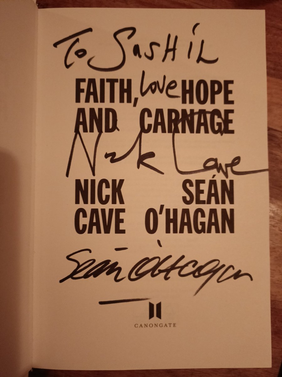 FuturePilotAKA's tweet image. Wow! Incredible micro-meet with one and only @nickcave on his 65th birthday at the book signing for Faith, Hope &amp;amp; Carnage
@canongatebooks with #SeanO'Hagan. We man hugged, chatted briefly about the book and then went into inevitable selfie mode.