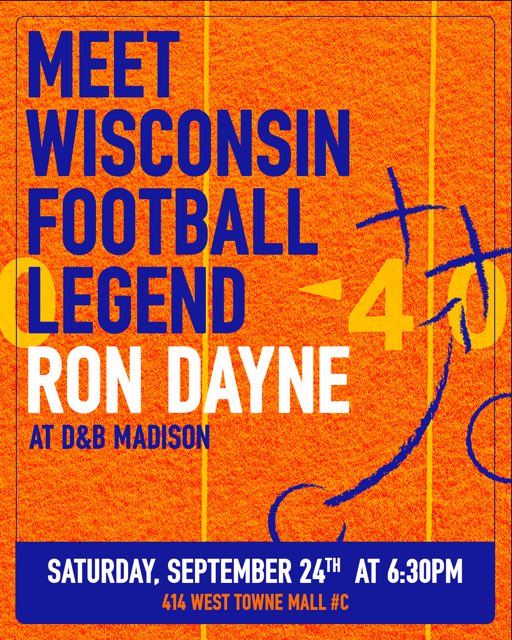 Ron Dayne (@ron33dayne) on Twitter photo Join me at 6:30 on Saturday at Dave & Busters in Madison to watch the Badgers take on OSU!ππ
<a href="/DaveandBusters/">Dave & Buster's</a> Join me at 6:30 on Saturday at Dave & Busters in Madison to watch the Badgers take on OSU!ππ
<a href="/DaveandBusters/">Dave & Buster's</a>