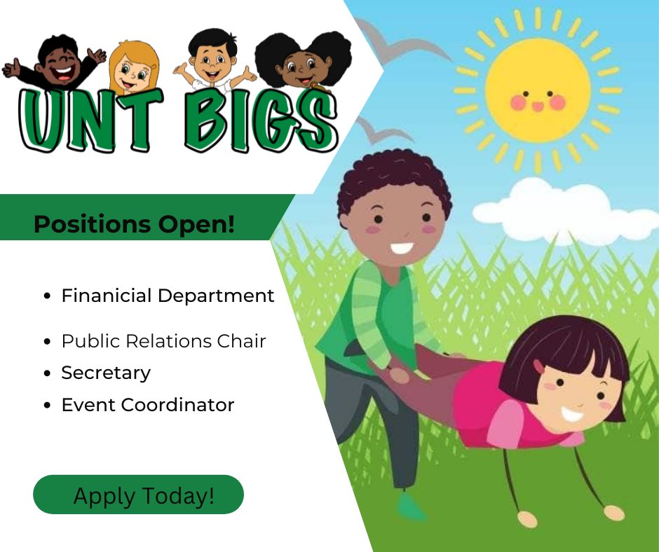 NorthTexasBIGS's tweet photo. 🚨 ATTENTION 🚨

Looking for leadership opportunities? Exec applications are now open. Just follow the link to submit your application. Applications will close Sunday September 25th. Come join in with the fun 🥳
https://t.co/o3dkoVjQ1X
#bigbrotherbigsister #makingadifference #unt https://t.co/Tnn5ygufXM