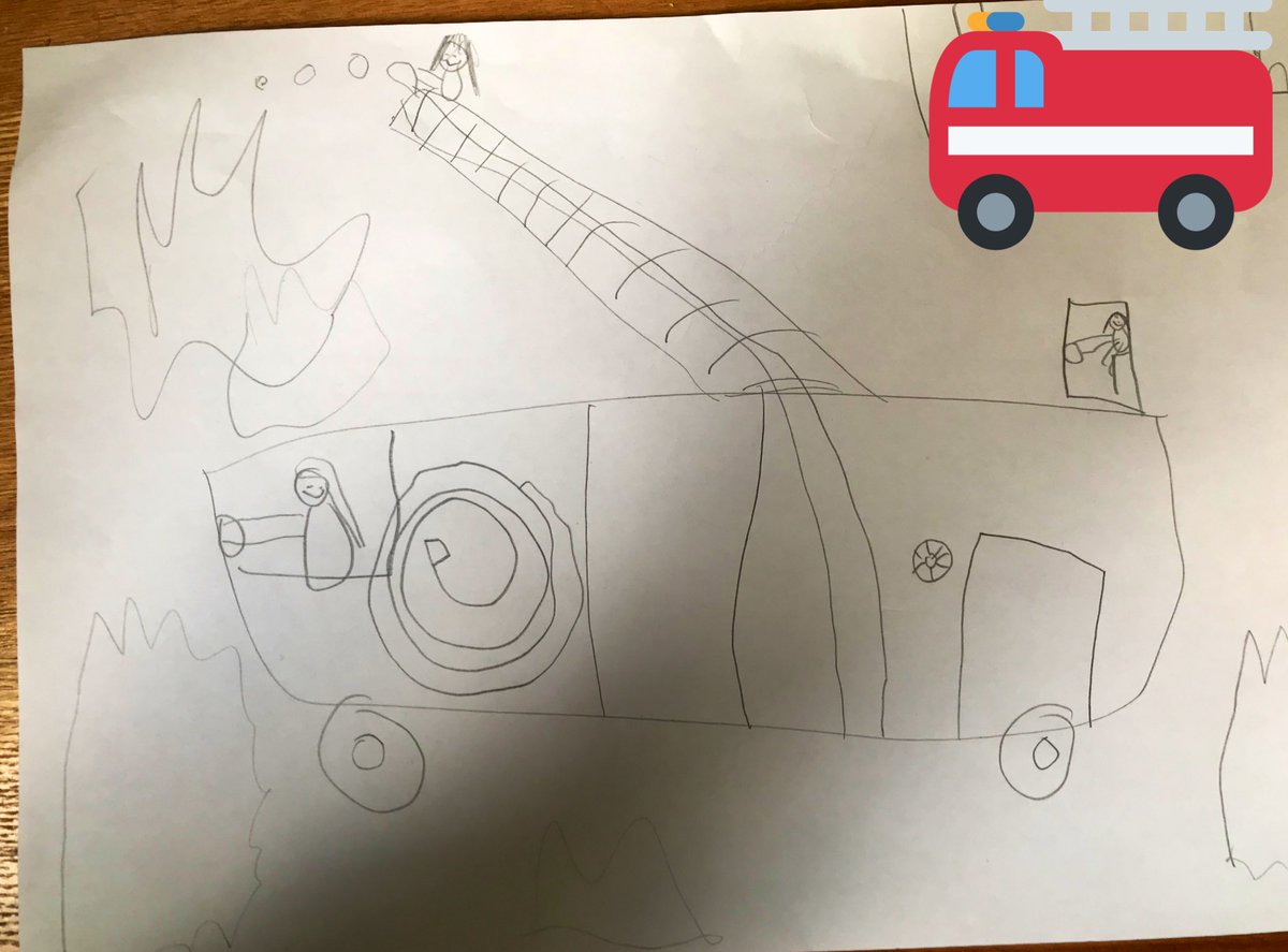 nicky_j07's tweet photo. When your six-year-old knows you work for the fire service and assumes you drive fire engines :)

She set up her home office next to mines and drew this for her desk. It’s me driving a fire engine, with two females firefighters putting out fires 👩‍🚒👩‍🚒 https://t.co/uatPL0qz71