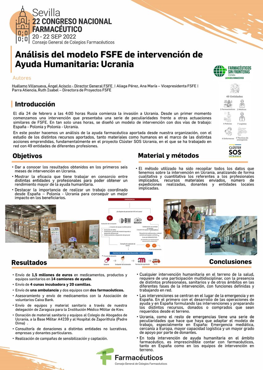 angelhuelamo's tweet photo. Uno de los trabajos que hemos presentado desde @FarmaSinFronter @anamariaaliaga @Ruth3873 y @angelhuelamo es una comunicación con el modelo de trabajo en emergencias tomando como referencia el trabajo que estamos haciendo desde la #ONG en #Ucrania #22CNF #FIP2022 https://t.co/h861FI6c50
