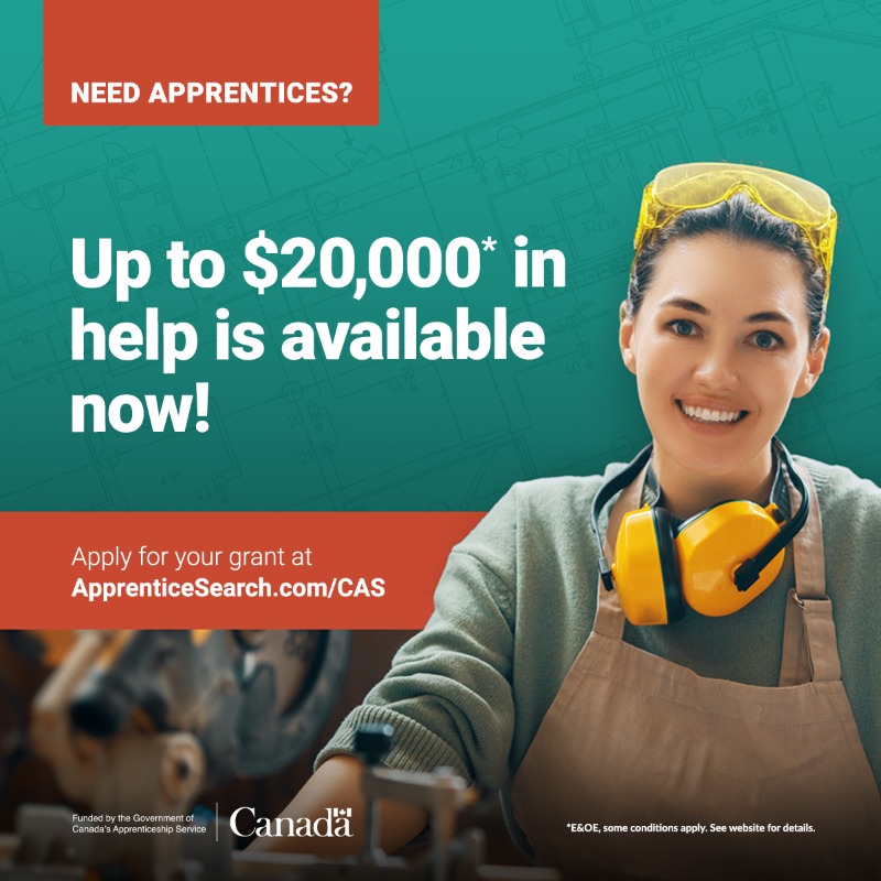 ConstructionCAN's tweet photo. Build your future workforce with support from the Canadian Apprenticeship Service for small and medium-sized businesses. The Canadian Apprenticeship Service is offering up to $20,000 in help right now! Apply for your grant today!