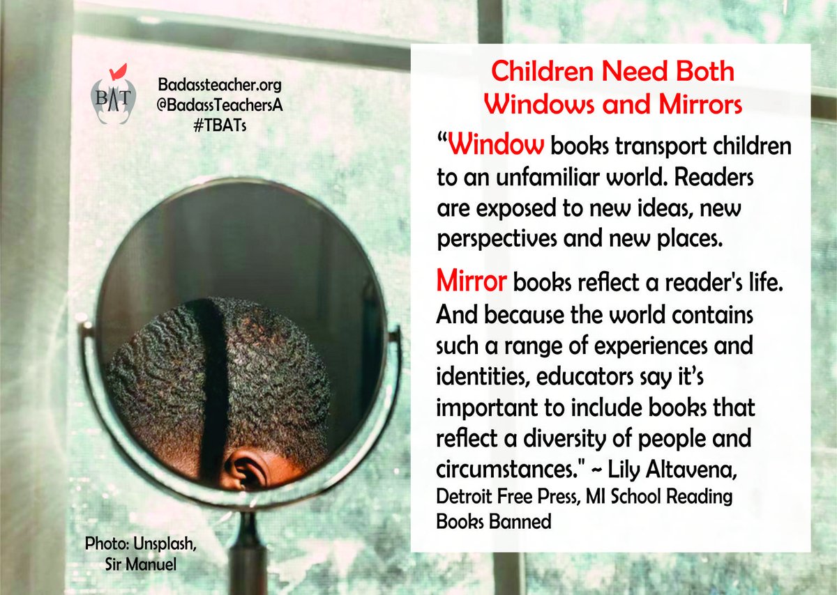 When kids read, they need both windows and mirrors. #TBATs 
#UniteAgainstBookBans #BannedBooksWeek .<a href="/AliVelshi/">Ali Velshi</a> #ReadBannedBooks .<a href="/ALALibrary/">American Library Association</a> .<a href="/J4J_USA/">Journey For Justice Alliance</a>