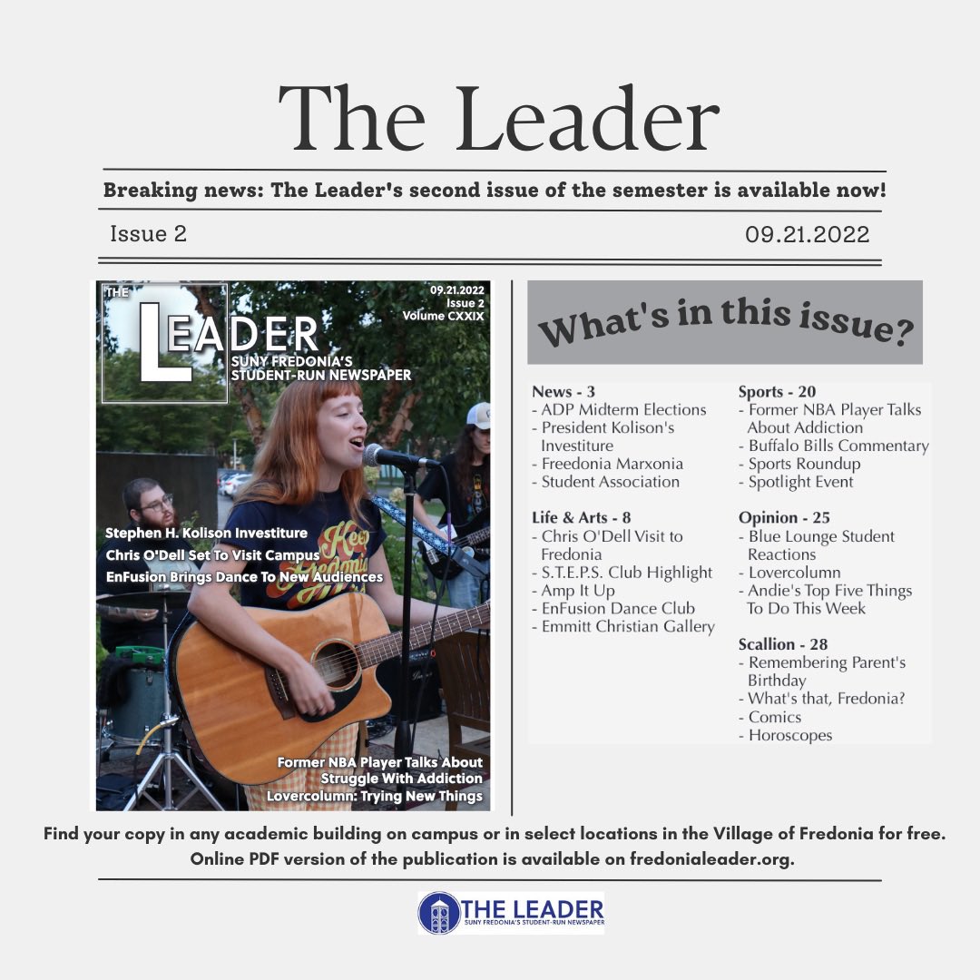 LeaderFredonia's tweet photo. Issue 2 of The Leader is out now! 🗞Grab a copy today or click the link below.

https://t.co/fvVglrx1qt https://t.co/ufKlKyECLK