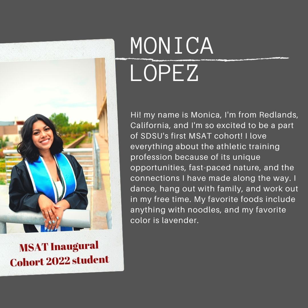 sdsu_fats's tweet photo. Meet one of our first MSAT cohorts, Monica Lopez! Monica joins us as part of our inaugural cohort for our new Master of Science in Athletic Training program. https://t.co/WP9P4b20oS