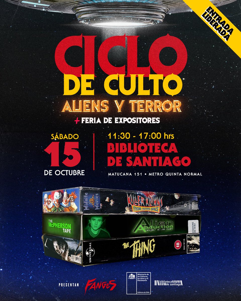 soy_cinestro's tweet photo. ¿Recuerdan esa película de abducción extraterrestre que daban en la tv, a medianoche, a fines de los 90's? 👽 Pues la proyectaremos en pantalla grande en el Ciclo de Culto #FANGES con Entrada Liberada + una feria de expositores y en la Biblioteca de Santiago este 15 de octubre🔥 https://t.co/YNrBslT5e5