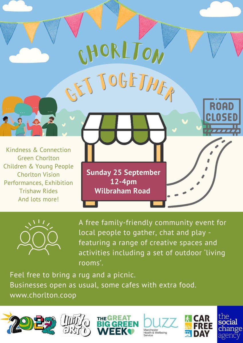 evefrancisholt's tweet image. You’re invited to the #ChorltonGetTogether on Sunday 25 Sept. The local community are transforming the centre of Chorlton into a car-free outdoor living room for all to enjoy.🌱 
👇See what happened last time
#CarFreeDay #BigGreenWeek #Chorlton 💕