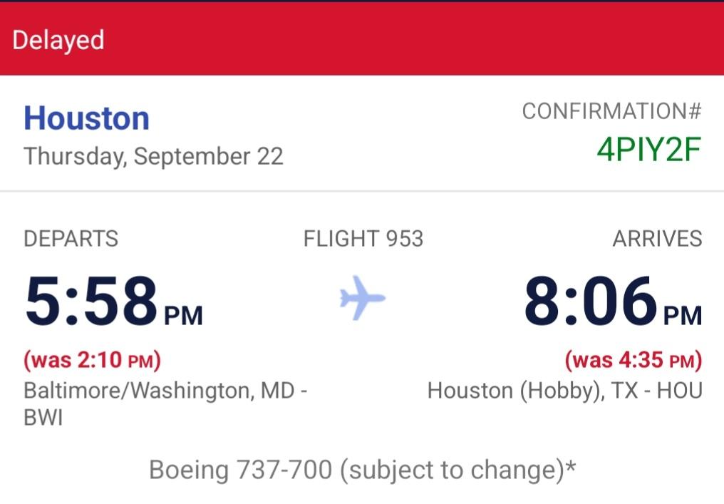 Keckler12's tweet photo. @SouthwestAir Houston, TX, but I'm sitting at BWI airport for a flight that was supposed to depart at 2:10p. It is now delayed until 5:58p. https://t.co/Dp1Wjtaie9