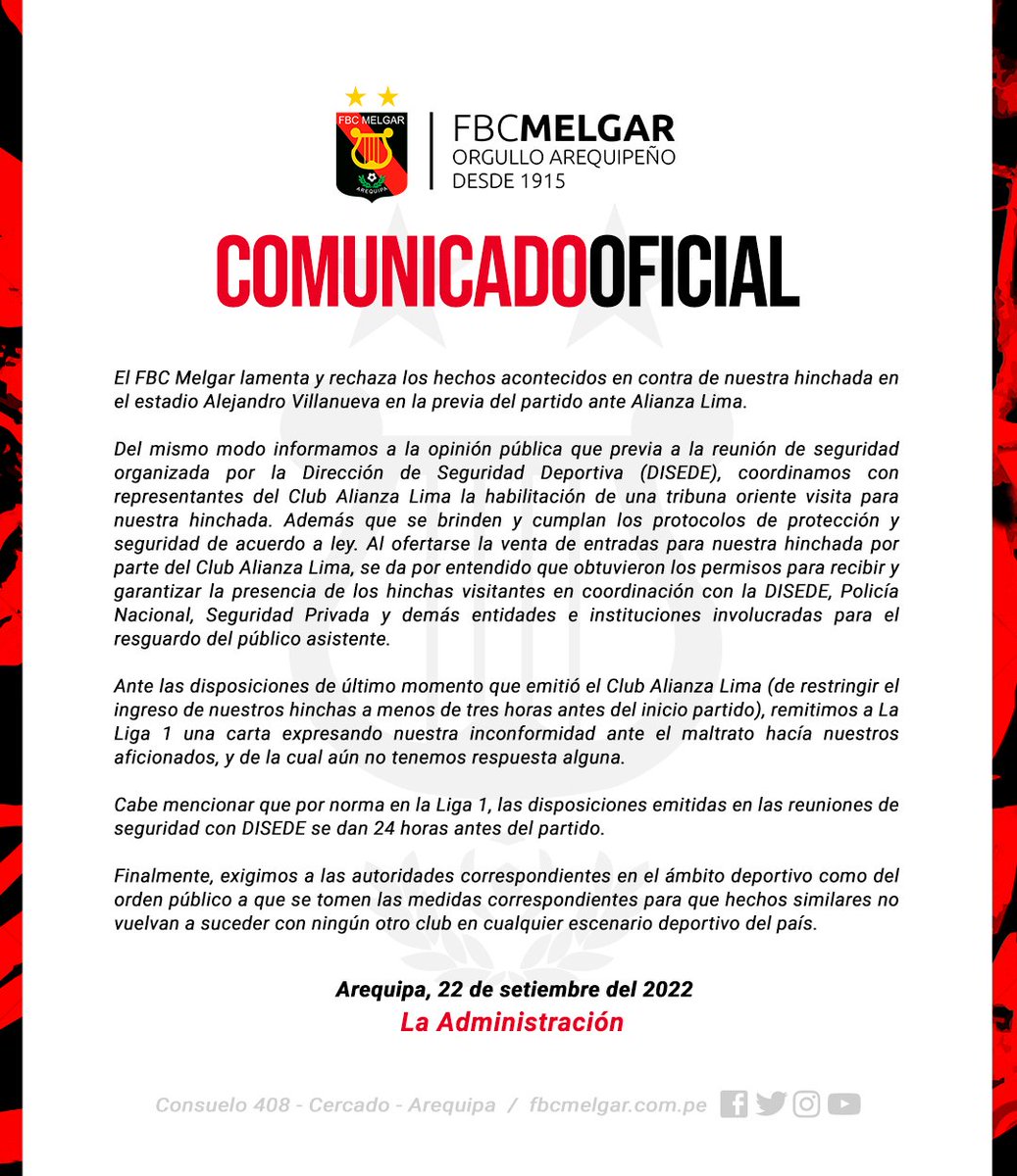 MelgarOficial's tweet photo. COMUNICADO OFICIAL 🔴⚫️ Agradeceremos su difusión. https://t.co/DN6bGEeXI1