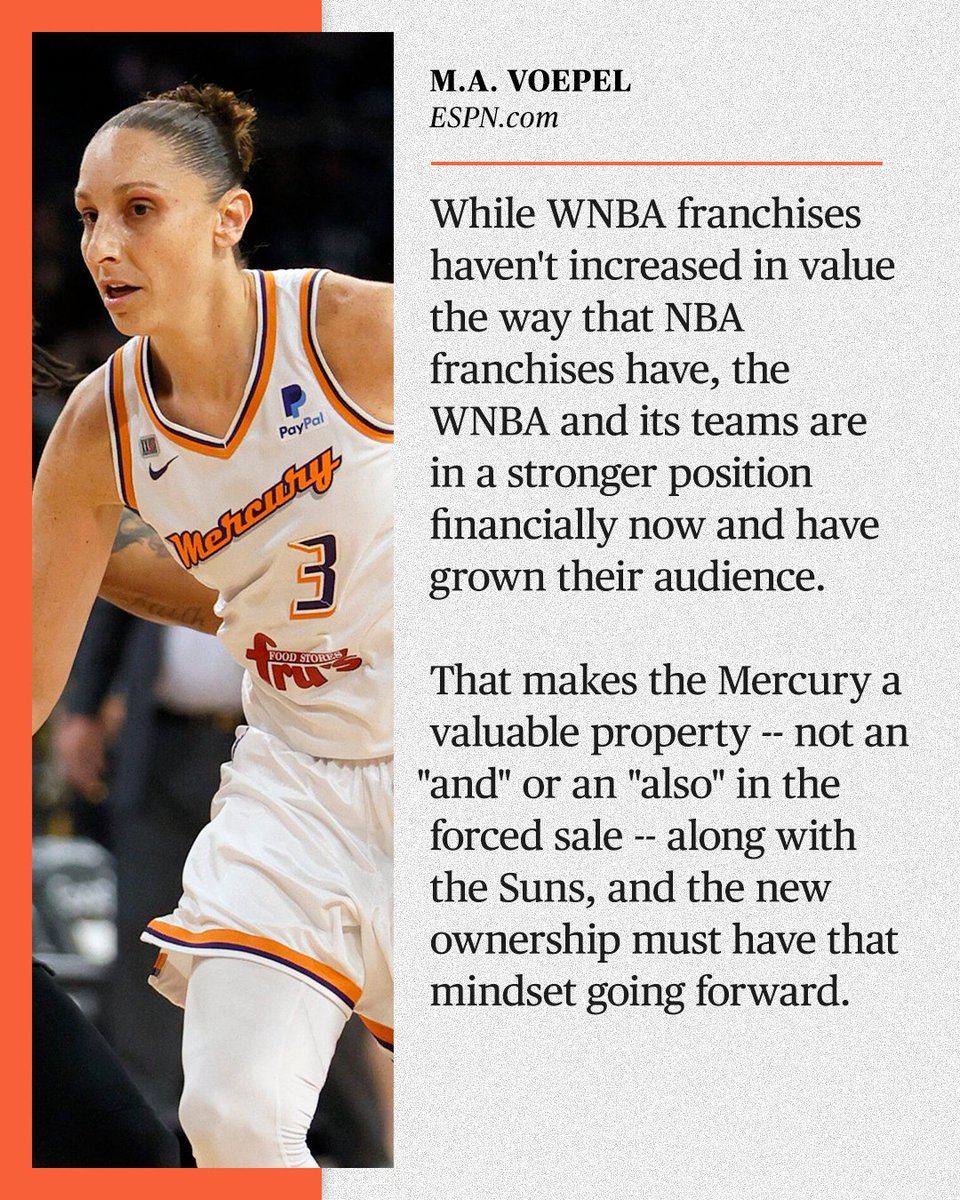 espnW's tweet photo. In light of Robert Sarver's preparation to sell the Phoenix NBA and WNBA teams, @MAVoepel shares the impact of what new ownership should mean for the Mercury.

More 👉 https://t.co/k5ChRWCuT6 https://t.co/xWajt7DkiS