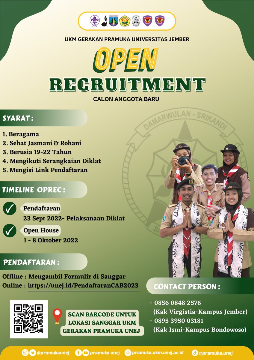 pramukaunej's tweet photo. Halo kakak-kakak🙌🏻
UKM Gerakan Pramuka Racana Damarwulan-Srikandi Universitas Jember telah membuka pendaftaran calon anggota baru tahun 2023 nih🥳

Yuk!!! daftarkan dirimu dan bergabung di UKM Gerakan Pramuka Universitas Jember dengan mengisi link :

https://t.co/aMCChH6SsH https://t.co/ijjvHj12aR