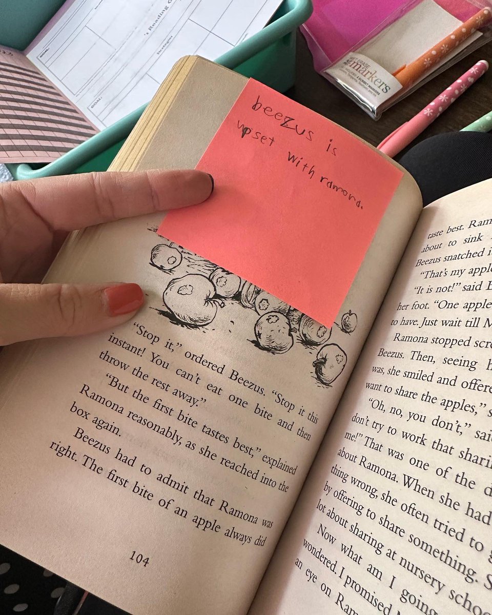 WooMrsWilson's tweet photo. G- I read this part like GOLD 
E- I envisioned (made a movie in my mind) on what was happening here 
I can annotate/mark important details in text! 
A student came to talk with me about his book today. I saw all the post it’s&amp; could not help but snap some pics. He was killin’ it! https://t.co/nhNQVCNgds