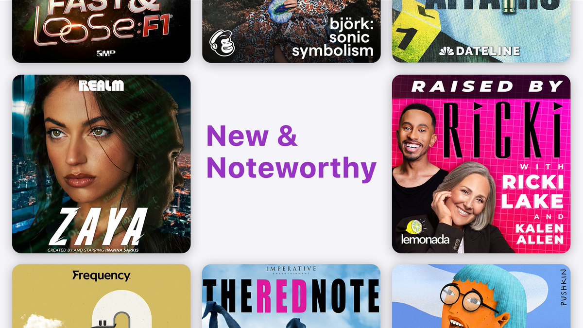 ApplePodcasts's tweet photo. Listen to what's new &amp; noteworthy this week:
- @inanna stars in Zaya, a new fiction podcast from @RealmMedia
- Look back on The Ricki Lake Show with @RickiLake and @TheKalenAllen
- @arnettwill dives deep into the world of Formula 1

https://t.co/jQwGYBQnZJ https://t.co/gN9mhkAgfX