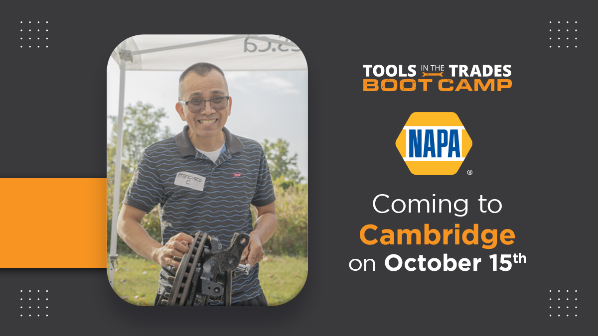 Apply to our Cambridge Automotive Service Technician/Mechanic event on October 15th. 

Receive a FREE starter toolkit, hands-on training, and attend an employability panel. 

This event is in partnership with NAPA AUTOPRO Canada. 

toolsinthetrades.ca