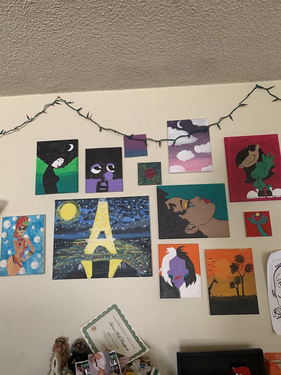Haremaaaa's tweet photo. My parting gifts to all my family, I took all my paintings from my art wall at home and installed it in my lil sister, granny, mom &amp; lil brother rooms https://t.co/ZbEGNYc2fn