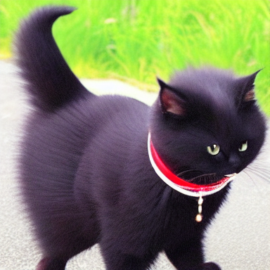 MadOverlord's tweet photo. Was pleasantly surprised to find out that #stablediffusion has a rudimentary knowledge of Japanese! Here are some results of the prompt "庭で遊ぶ幸せな黒猫" ("a happy black cat playing in a garden"). https://t.co/idn4dqqaty