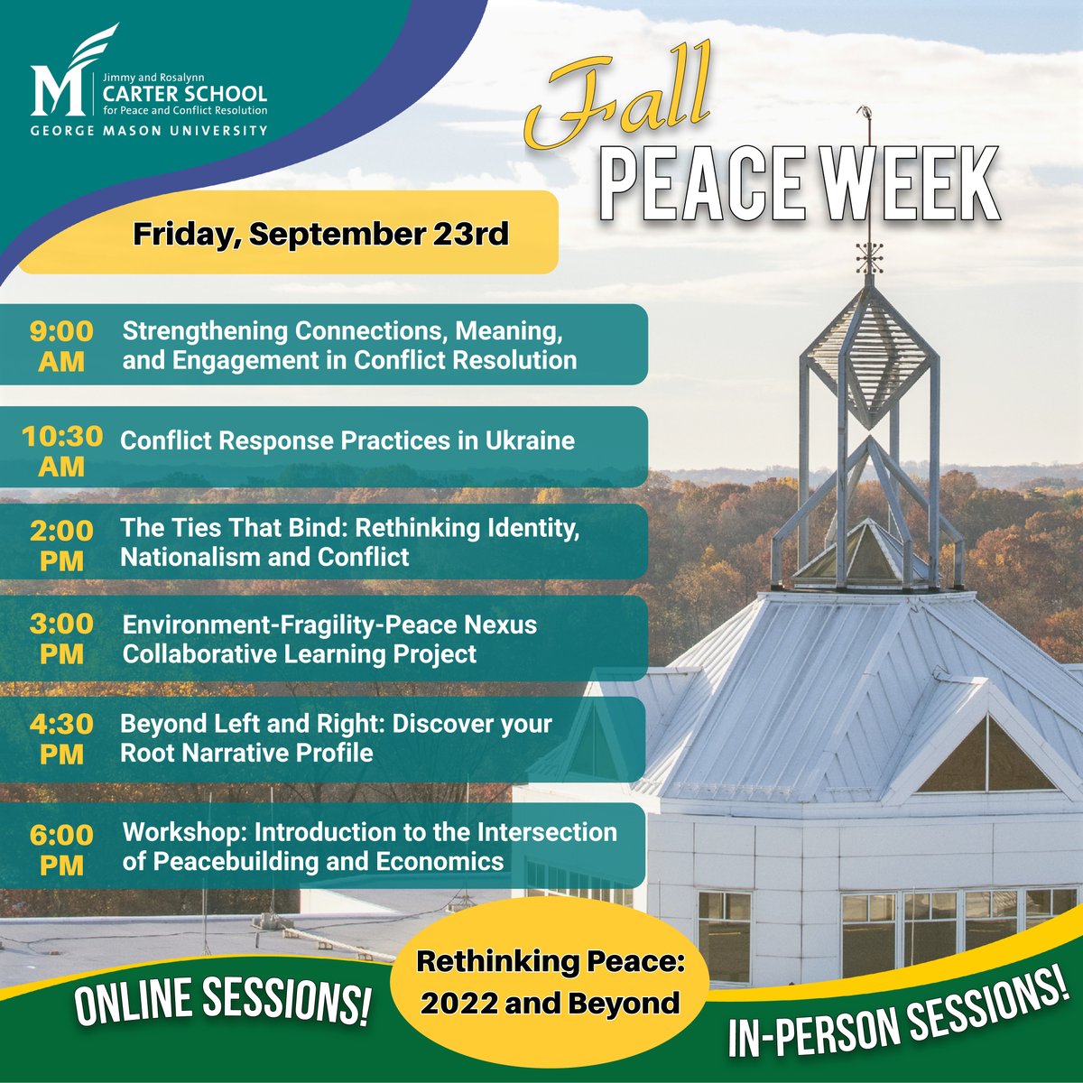 GMUCarterSchool's tweet photo. Join us tomorrow for the last day of #CarterSchoolPeaceWeek! Beginning at 9:00am virtually with the presentation "Strengthening Connections, Meaning, and Engagement in Conflict Resolution".
Register > https://t.co/Jjvjb4dK9L
#GMUCarterSchool #GeorgeMasonUniversity https://t.co/JZFgGPxStJ