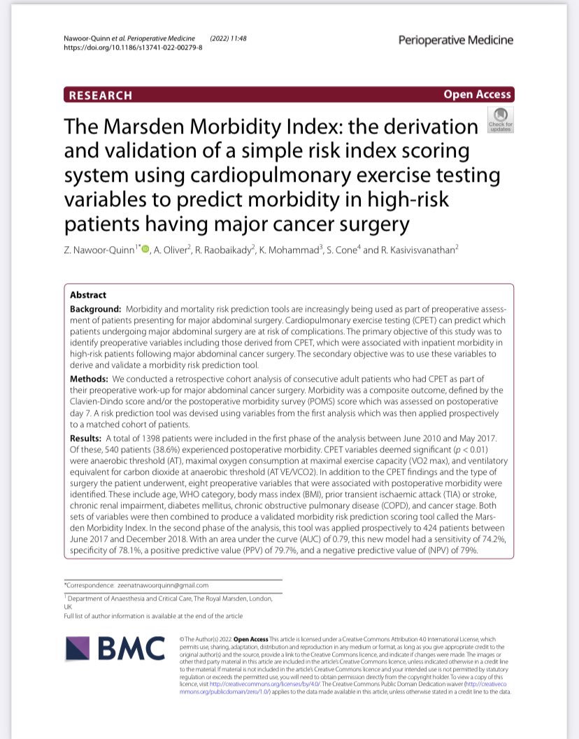 QuinnZeenat's tweet image. Out today in Perioperative Medicine Journal: The Marsden Morbidity Index #riskpredictiontool combining #CPET &amp;amp; non-CPET variables to predict periop morbidity. Thanks to all the authors, reviewers and everyone who supported the study @RMHCancerPeriop @SpringerNature @PeriOpMedJ