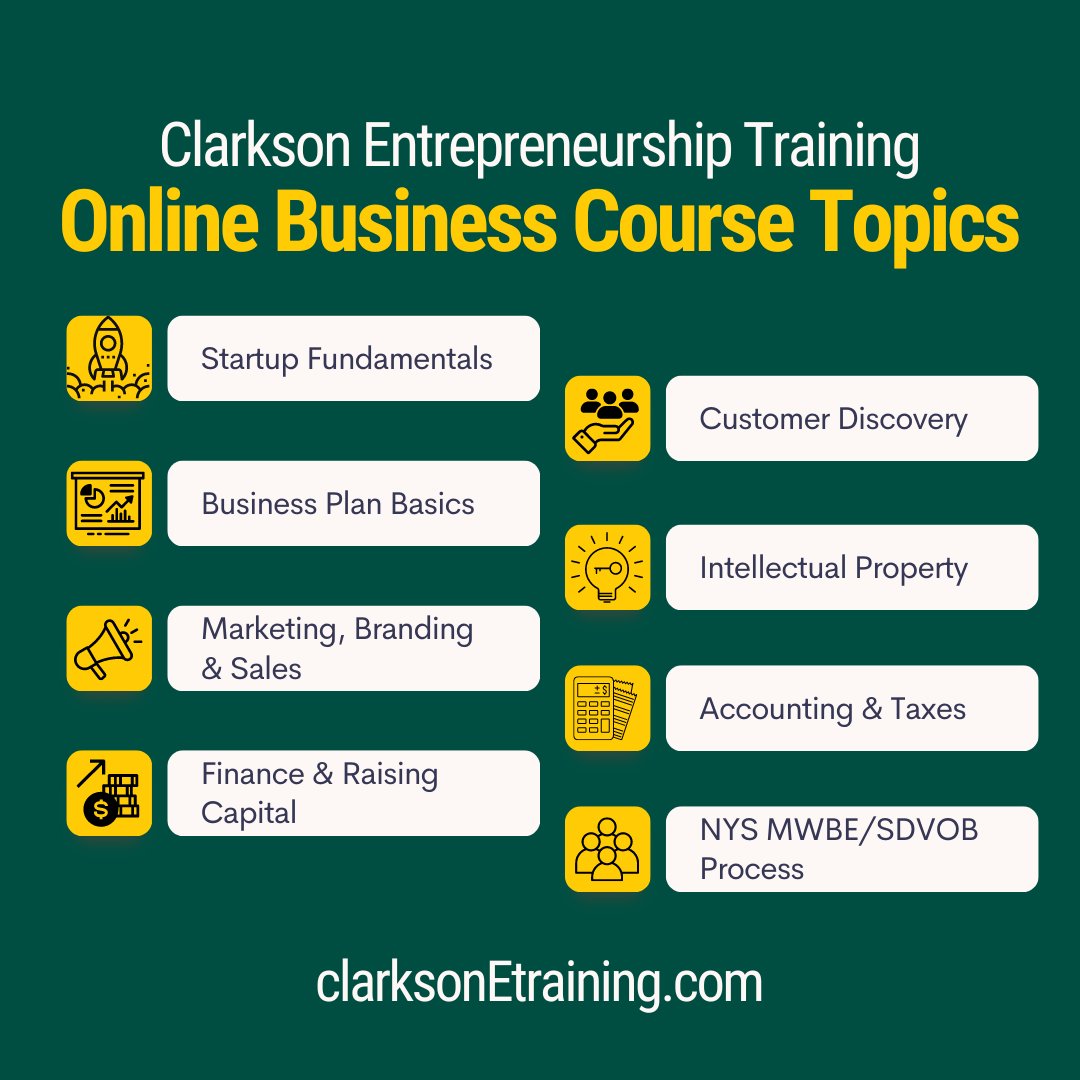 CUShipley's tweet photo. Now announcing the course topics for the online portion of our Clarkson Entrepreneurship Training series. These courses are free for a limited time and completely asynchronous- giving you the flexibility to learn anytime and anywhere. Course launch dates will be announced soon! https://t.co/bXmswWMFFu