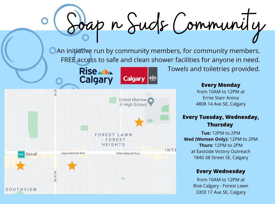 Team Ward 9 for Great Neighbourhoods (@ward9tweets) on Twitter photo Soap n Suds is a community-run initiative providing free shower facilities to anyone in need. 
The program is looking for volunteers to help sign people in, hand out toiletries, and sanitize showers Ernie Starr + Rise Calgary each week. 
Send us a DM if you're available to help Soap n Suds is a community-run initiative providing free shower facilities to anyone in need. 
The program is looking for volunteers to help sign people in, hand out toiletries, and sanitize showers Ernie Starr + Rise Calgary each week. 
Send us a DM if you're available to help